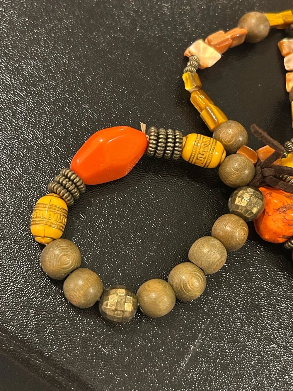 Boho Earth Tone Eclectic Mixed Bead 3-Piece Bracelet Set Orange Brown Yellow